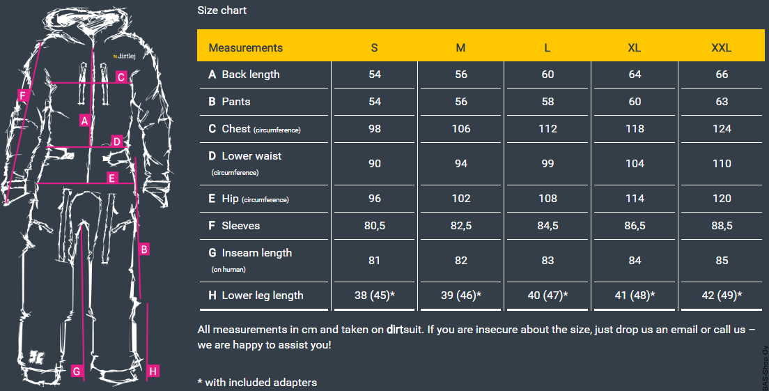 Dirtlej Dirtsuit Core-Edit Size Chart